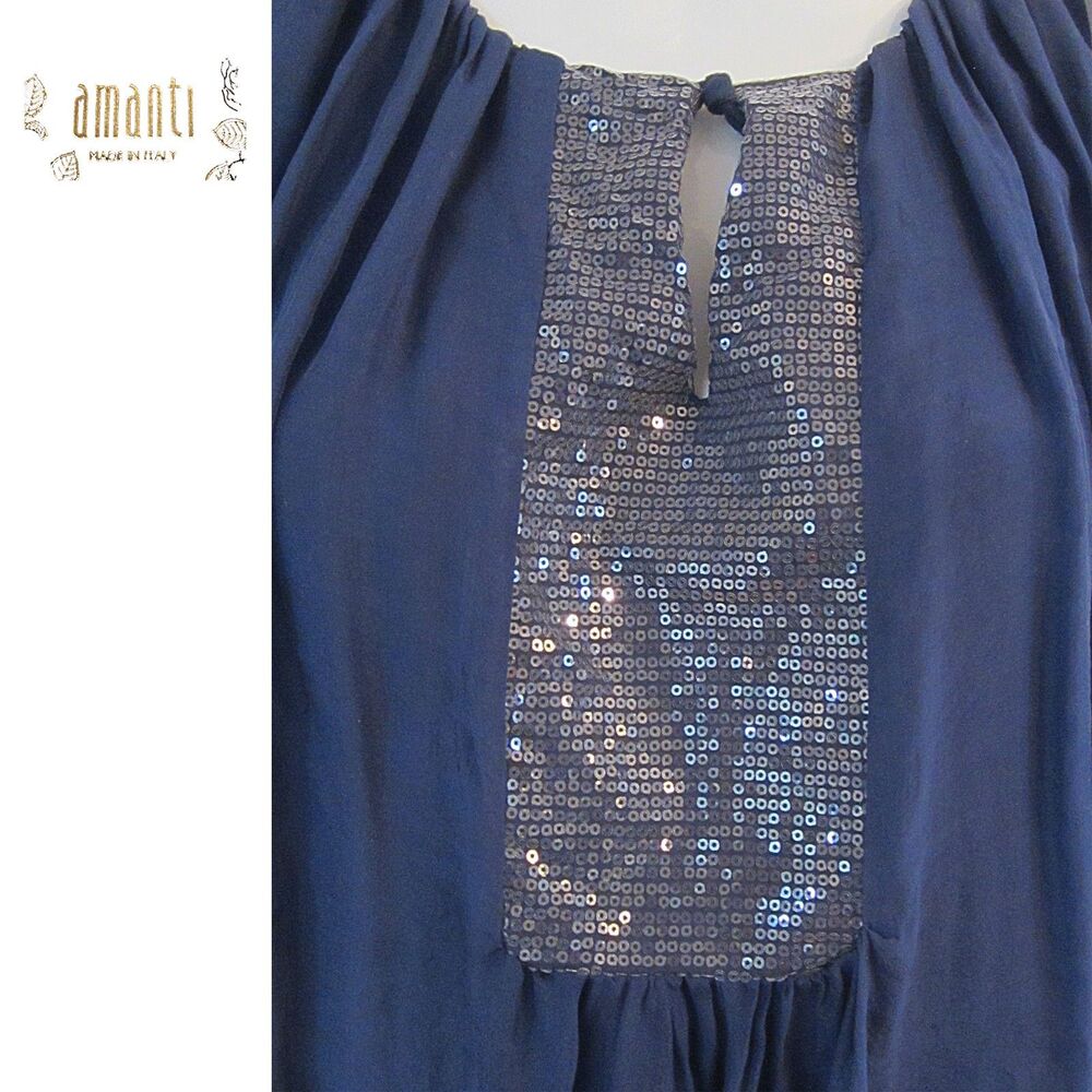 Amanti Italy NWT 100% Silk Sequin Dolman-Sleeve Navy Blouse S – Elegant Evening - Picture 4 of 12